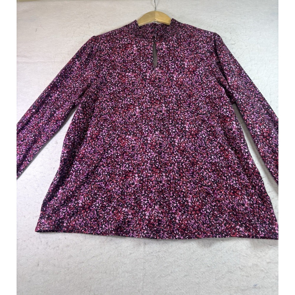 J Jill Pink Ditsy Floral Button Mock Smocked Neck & Sleeve Top Knit Keyhole